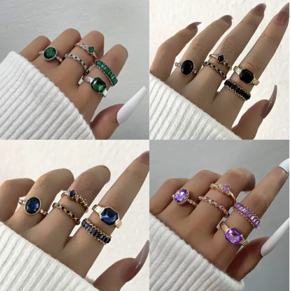 🔅🆕🔅 🍸HOST PICK✨BoHo 5pcs Rhinstones Ring Sets: Avail in Green💚 & Purple💜✨